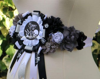 Halloween baby skeleton  Baby Shower mommy to be Themed ribbon corsage floral maternity sash