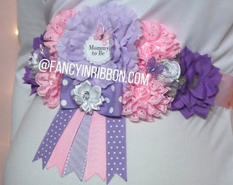 Butterfly Pink & Lavender Baby Shower Mommy Flower Belly Sash