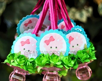 12 Dinosaur Baby Shower Pacifier Necklaces Pink & Green Baby Girl - Baby Shower Games - Party Decorations