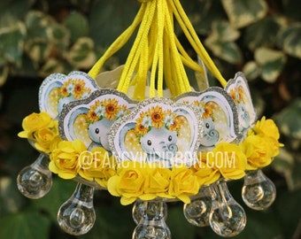 12 Elephant Baby Shower Pacifier Necklaces Yellow & Gray Sunflower Baby Girl - Baby Shower Games - Party Decorations