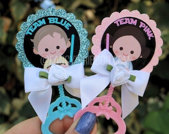 Gender Reveal Mommy & Daddy rattle pins -  Team boy team girl - team blue team pink - space wars - princess warrior