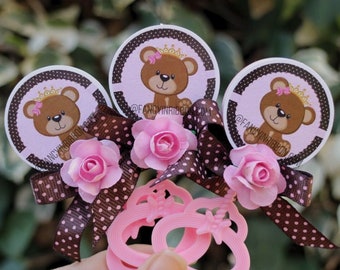 12 Baby Pink Teddy Bear Princess Baby Shower Guest Pins - baby shower rattles - Guest Pins - Guest Favors - Grandparent Pins