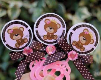 12 Baby Pink Teddy Bear Princess Baby Shower Guest Pins - baby shower rattles - Guest Pins - Guest Favors - Grandparent Pins