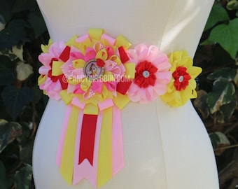 Princess  Pink Yellow Baby Shower Mommy to be Corsage Pin - Enchanted Rose its a girl maternity floral belly sash