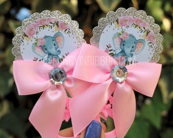 Pink & Gray Floral Elephant Baby Shower Guest Pins - baby shower rattles - Guest Pins - Guest Favors - Grandparent Pins