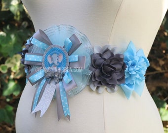 Baby Blue, Gray, Elephant Baby Shower Mommy to Be Corsage  Elephant Mom to be Corsage, Elephant Shower belly sash maternity