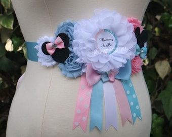Gender Reveal Baby Shower Mommy to be Corsage ribbon maternity sash - belly sash - mouse baby shower team boy team girl pink blue