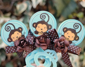 12 Baby Blue Monkey Safari Jungle Animal Baby Shower Rattles - Guest Pins - Grandma to be