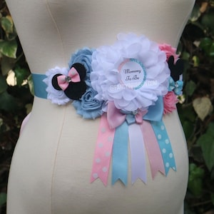 Faja de maternidad con cinta de corsé para revelar el género del bebé, para futura mamá, para el ombligo, para el equipo de baby shower de ratón, para niño, para niña, para equipo rosa y azul