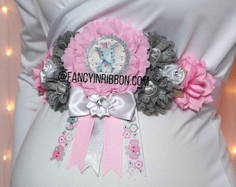 Baby Gray & Pink Baby Girl Elephant Baby Shower Mommy floral belly Sash