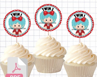 PDF File Twins 1 and Twin 2  Baby Shower Cupcake Toppers - Baby Shower Tags