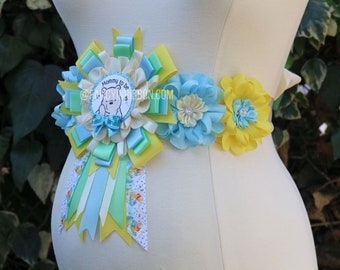 Bear Baby Blue Light Green Yellow, Light Tan Baby Shower Mommy to Be Corsage Teddy bear maternity sash belly sash floral pin sash mom sash