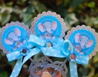 12 Baby Blue, Gray, Chevron Elephant Baby Shower Guest Pins - baby shower rattles - Guest Pins - Guest Favors - Grandparent Pins