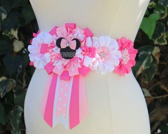 Pink white floral Maternity Sash , Pink Mouse bow Baby Shower Sash,Pregnancy Sash, Mom to Be Sash, ribbon Corsage