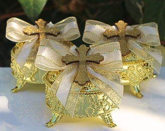 12 Gold Glittered Cross Ivory - Bautismo/Baptism - First Communion/primera comunión - party favors