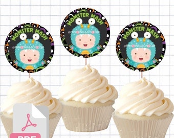 PDF File Halloween Momster Mash Baby Shower Party Themed Cupcake Toppers