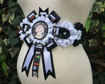 black white silver galaxy space boy baby shower mommy to be maternity sash floral sash belly sash ribbon corsage