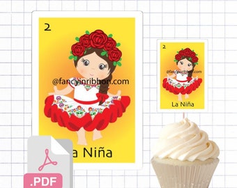 PDF File Fiesta Mexicana Baby Girl Loteria Themed Cupcake Toppers - Red Roses