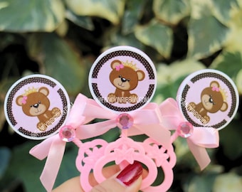 Teddy Bear Pink Princess Baby Shower Guest Pins - Pink Floral Rattles