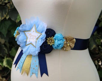 Twinkle Twinkle Little Star Baby Blue, Navy & Gold Baby Shower sash - We are over the moon sash - Moon and Stars floral maternity belly sash