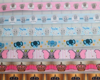 7/8" Print Grosgrain Ribbon for bows - baby shower pin - elephant - circus - prince - princess baby