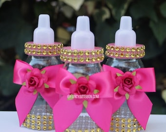 12 Hot Pink Floral Bow Gold Princess Baby Shower Favors – Decorated Party Bottles