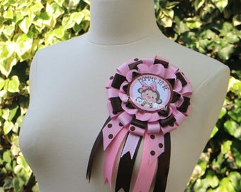 Baby Pink & Brown Monkey It's a Girl Theme Baby Shower Mommy to Be Ribbon Corsage Pin Badge