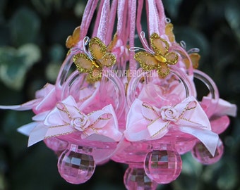 12 Butterfly Pink & Gold Themed Baby Shower Pacifier Necklaces - Baby Shower Games - Party Decorations