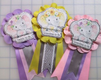 Baby Pink, Lavender & Gray Baby  Elephant Baby Shower Guest Pins - Grandma to be - Sister to be