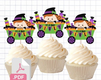 PDF File Halloween Baby Witch It's a baby girl Tags/ Cupcake Toppers - Baby Shower Tags