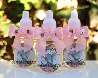 12 Mini Pink and Gray Baby Elephant Themed Baby Shower Party Favors Bottles - Baby Shower Games - Party Decorations