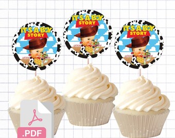 PDF File Baby cowboy its a boy story baby Themed Cupcake Toppers