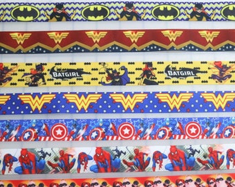 10 yards 7/8" Print Grosgrain Ribbon for bows - baby shower pin - family super heroes super powers bat america spider