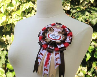 Baby Boy Cowboy Western Red Brown Themed Mommy To Be Baby Shower Ribbon Corsage Pin Badge