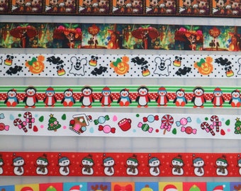 10 yards 7/8" Print Grosgrain Ribbon for bows - baby shower pin - christmas - mouse halloween - ghosts - snowman - day of the dead