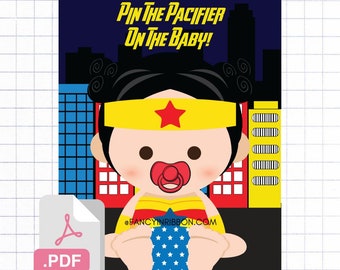 PDF Pin the Pacifier on the baby Game - Baby Shower Games - Superhero baby shower