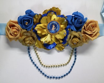 Royal Blue & Gold Prince Baby Shower corsage maternity sash