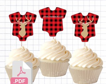 PDF File Rustic Lumber Jack Buffalo Christmas Deer Onesie Tags/ Cupcake Toppers - Baby Shower Tags