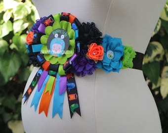 Halloween Momster Mash Monsters Baby Shower mommy to be Themed ribbon corsage maternity sash belt