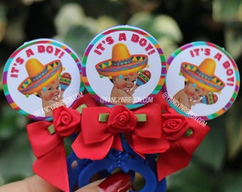 12 Fiesta Mexicana Marachi It’s a Boy Baby Shower Rattle Pins - Handmade Boy Theme