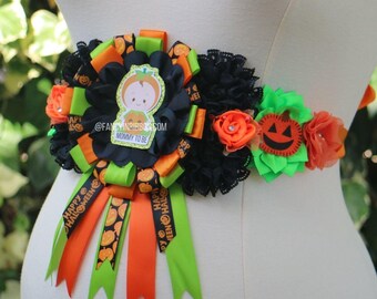 Little Pumpkin Halloween Baby Shower mommy to be pin floral maternity sash belt