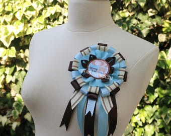 Blue Bear Baby Shower, Teddy Bear Blue brown beige balloons Flower, Teddy Bear Corsage Pin, Bear Mommy To Be, Mama bear ribbon corsage