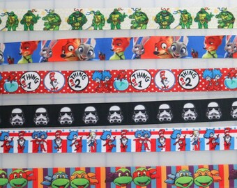 10 yards 7/8" Print Grosgrain Ribbon for bows - baby shower pin - war space cat hat ninja super hero fox bunny zoo