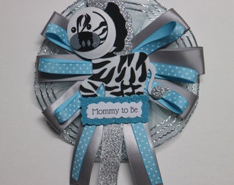 Baby Boy Blue & Gray Zebra Baby Shower Mommy to Be Corsage Pin