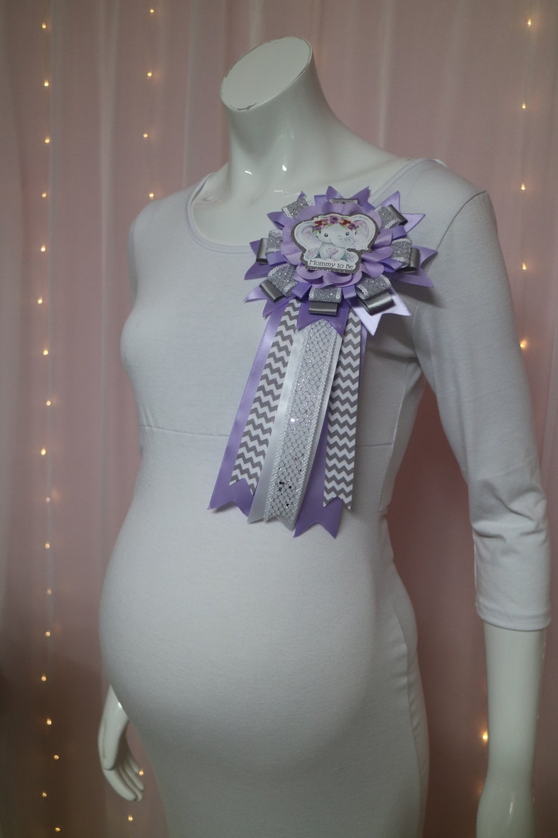 Gray cheveron Baby Girl Elephant Baby Shower Corsage Lavender