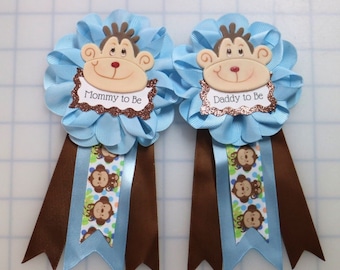 Baby Blue & Brown Monkey Theme Baby Shower Mommy to Be Corsage