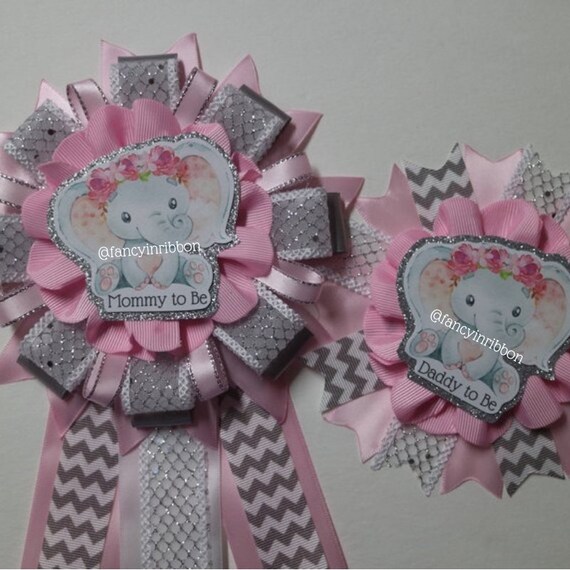 Baby Pink Gray Chevron Baby Elephant Baby Shower Mommy to Be Corsage Belly Sash