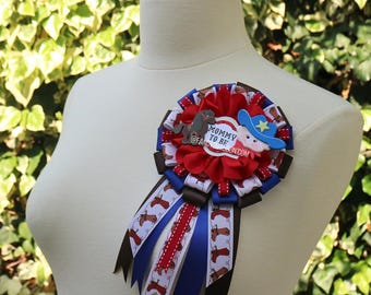 Baby Boy Cowboy Western Red Brown Blue Horse Themed Mommy To Be Baby Shower Ribbon Corsage Pin Badge
