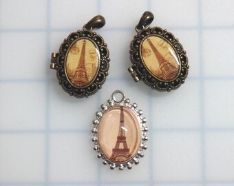 3pc paris eiffel tower photo locket  - Character - Supplies - Embellishment - jewelry Supply - Brooches - rustic vintage