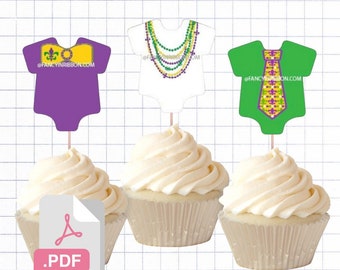 PDF File Mardi Gras 2 inch Onesie Tags Cupcake Toppers - Baby Shower Tags